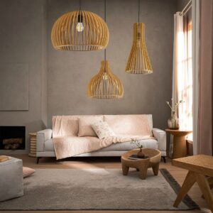 GloboStar® SCANDINAVIA 01701 Μοντέρνο Κρεμαστό Φωτιστικό Οροφής Μονόφωτο 1 x E27 Μπεζ Ξύλινο Πλέγμα Φ45 x Υ45cm