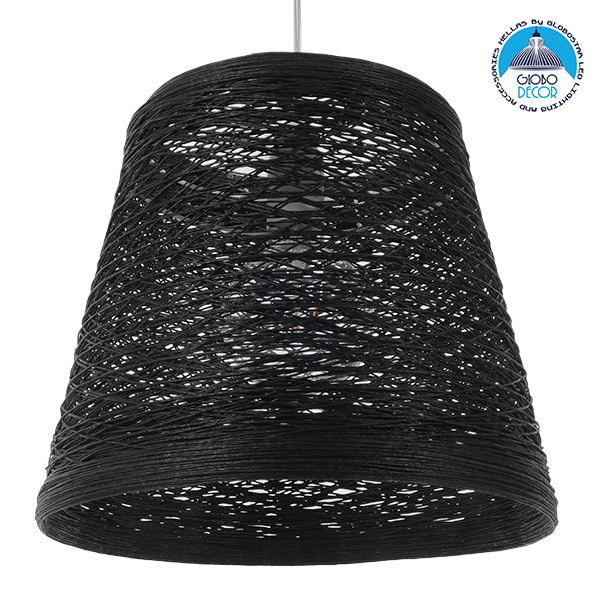 GloboStar® PLAYROOM 01563 Vintage Κρεμαστό Φωτιστικό Οροφής Μονόφωτο 1 x E27 Μαύρο Ξύλινο Ψάθινο Rattan Φ32 x Υ27cm