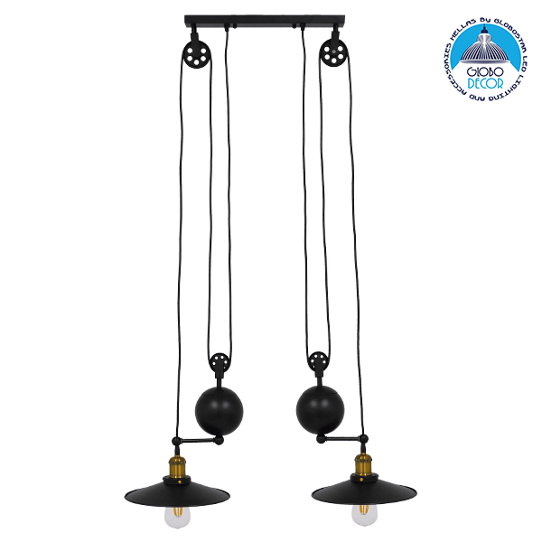 GloboStar® CARILO 01550 Vintage Industrial Κρεμαστό Φωτιστικό Οροφής Δίφωτο 2 x E27 Μαύρο Μεταλλικό με Ρυθμιζόμενη Ανάρτηση Μ72 x Π26 x Υ120cm