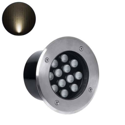 GloboStar® UNDERGROUND-TINA 90667 Χωνευτό Φωτιστικό Σποτ Δαπέδου LED 12W 1320lm 30° DC 24V Αδιάβροχο IP65 Φ16 x Υ9cm Θερμό Λευκό 3000K – Ανοξείδωτο Ατσάλι – 3 Years Warranty