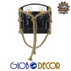 GloboStar® BARBOSA 01083 Vintage Industrial Φωτιστικό Τοίχου Απλίκα Δίφωτο Μαύρο Μεταλλικό Πλέγμα με Μπεζ Σχοινί Μ12 x Π19 x Υ28cm