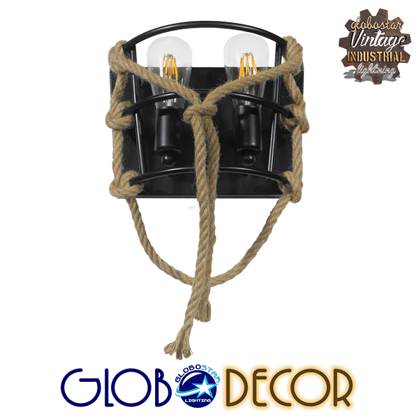 GloboStar® BARBOSA 01083 Vintage Industrial Φωτιστικό Τοίχου Απλίκα Δίφωτο Μαύρο Μεταλλικό Πλέγμα με Μπεζ Σχοινί Μ12 x Π19 x Υ28cm