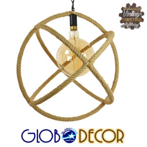 GloboStar® BELLE 01597 Vintage Κρεμαστό Φωτιστικό Οροφής Μονόφωτο 1 x E27 Μπεζ Μεταλλικό με Σχοινί Φ56 x Υ58cm