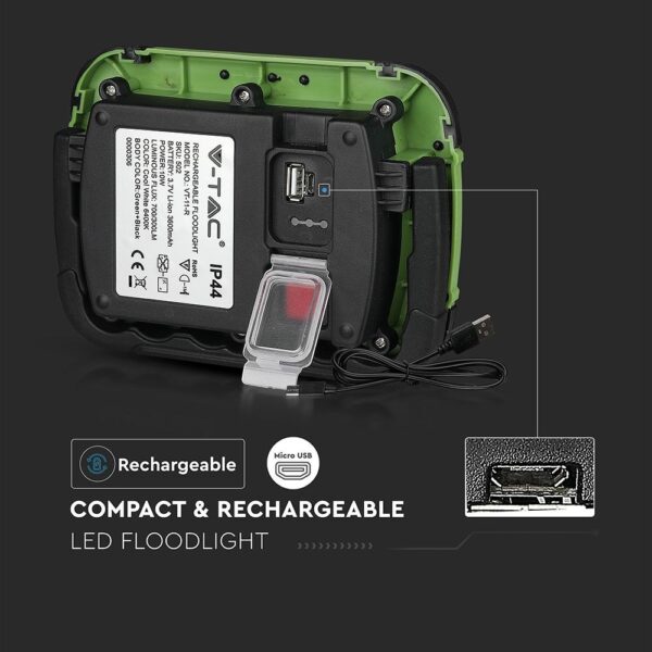 LED Προβολέας Φορητός με Micro USB & Επαναφορτιζόμενος 10W V-TAC PRO Samsung Chip 100° 700lm IP44 Ψυχρό Λευκό 6400K – 503