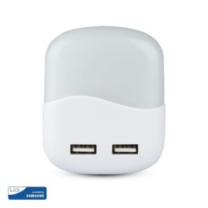 LED Φωτιστικό Νυκτός Τετράγωνο Λευκό με Αισθητήρα Νύχτας-Μέρας  με 2xUSB Θύρες Φόρτισης 0.5W V-TAC PRO Samsung Chip 10lm Θερμό Λευκό 3000K – 507