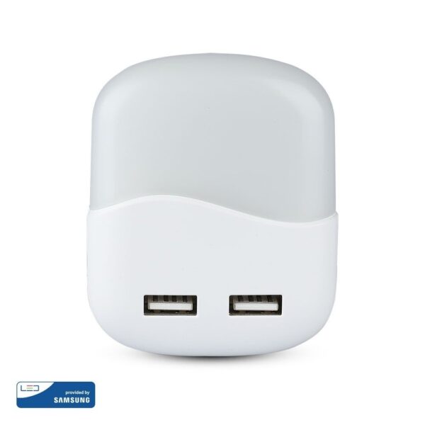 LED Φωτιστικό Νυκτός Τετράγωνο Λευκό με Αισθητήρα Νύχτας-Μέρας  με 2xUSB Θύρες Φόρτισης 0.5W V-TAC PRO Samsung Chip 10lm Θερμό Λευκό 3000K – 507