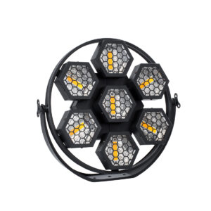 GloboStar® 51195 HALO HEXA Επαγγελματικό Φωτιστικό Ειδικών Εφέ DIGITAL MATRIX PIXEL & Blinder – 7 x 50W LED COB Chips Ultra Gold Warm White 2200K & 168 x 0.5W LED SMD5050 Chips RGB – AC 220V-240V DMX512 Display on Body – Μαύρο – Μ50 x Π10.5 x Υ47cm