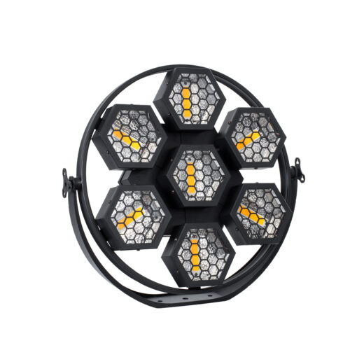 GloboStar® 51195 HALO HEXA Επαγγελματικό Φωτιστικό Ειδικών Εφέ DIGITAL MATRIX PIXEL & Blinder – 7 x 50W LED COB Chips Ultra Gold Warm White 2200K & 168 x 0.5W LED SMD5050 Chips RGB – AC 220V-240V DMX512 Display on Body – Μαύρο – Μ50 x Π10.5 x Υ47cm