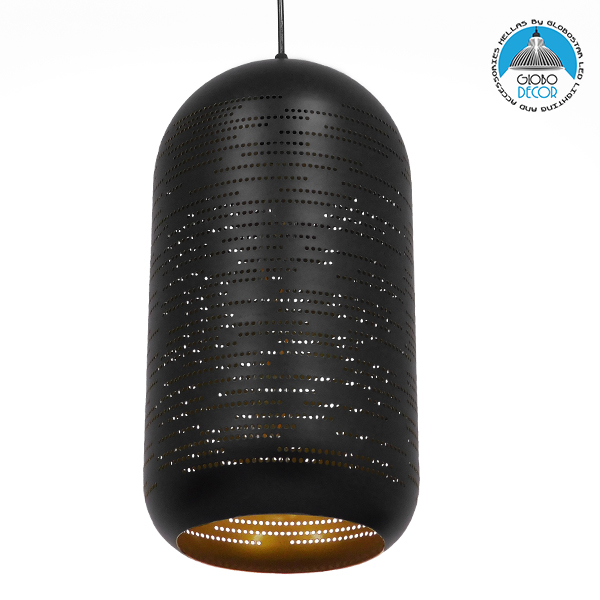 GloboStar® SAGA 01591 Μοντέρνο Κρεμαστό Φωτιστικό Οροφής Μονόφωτο 1 x E27 Μαύρο – Χρυσό Μεταλλικό Καμπάνα Φ20 x Υ41cm