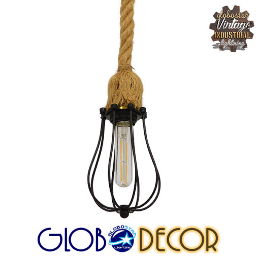 GloboStar® CAMBER 01594 Vintage Industrial Κρεμαστό Φωτιστικό Οροφής Μονόφωτο 1 x E27 Μαύρο Μεταλλικό Πλέγμα με Μπεζ Σχοινί Φ11 x Υ25cm