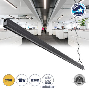 GloboStar® OFFICE 61025-P Γραμμικό Κρεμαστό Φωτιστικό Linear LED 18W 2170lm 120° AC 220-240V Μ120 x Π2 x Υ4cm Θερμό Λευκό 2700K – Μαύρο – 3 Years Warranty