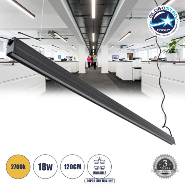 GloboStar® OFFICE 61025-P Γραμμικό Κρεμαστό Φωτιστικό Linear LED 18W 2170lm 120° AC 220-240V Μ120 x Π2 x Υ4cm Θερμό Λευκό 2700K – Μαύρο – 3 Years Warranty