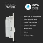 Λευκό φωτιστικό LED αλουμίνιο με αισθητήρα, 85x85mm, 100lm, 45° γωνία, CRI>80, εξοικονόμηση ενέργειας 80%.