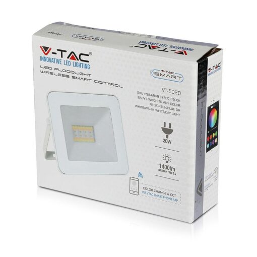 LED Προβολέας 20W Λευκός Ασύρματος Bluetooth V-TAC IP65 100° 1400lm RGB+3000K-6400K – 5984