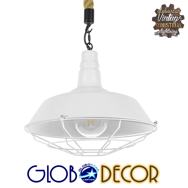 GloboStar® NARANZA 01409 Vintage Industrial Κρεμαστό Φωτιστικό Οροφής Μονόφωτο 1 x E27 Λευκό Ματ Μεταλλικό Καμπάνα Πλέγμα με Μπεζ Σχοινί Φ36 x Υ31cm