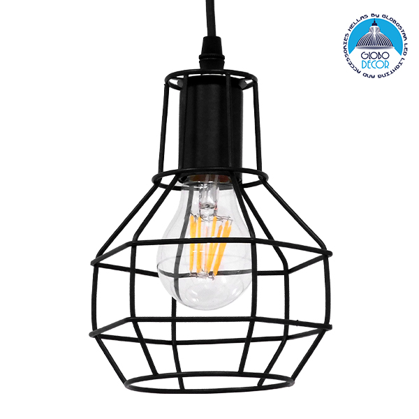 GloboStar® CAGE BLACK 01017 Vintage Industrial Κρεμαστό Φωτιστικό Οροφής Μονόφωτο Μαύρο Μεταλλικό Πλέγμα Φ15 x Y20cm