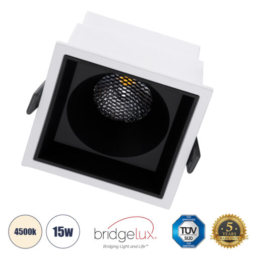 GloboStar® PLUTO-B 60276 Χωνευτό LED Spot Downlight TrimLess Μ10.4xΠ10.4cm 15W 1950lm 38° AC 220-240V IP20 Μ10.4 x Π10.4 x Υ6.5cm – Τετράγωνο – Λευκό με Μαύρο Κάτοπτρο & Anti-Glare HoneyComb – Φυσικό Λευκό 4500K – Bridgelux COB – 5 Years Warranty