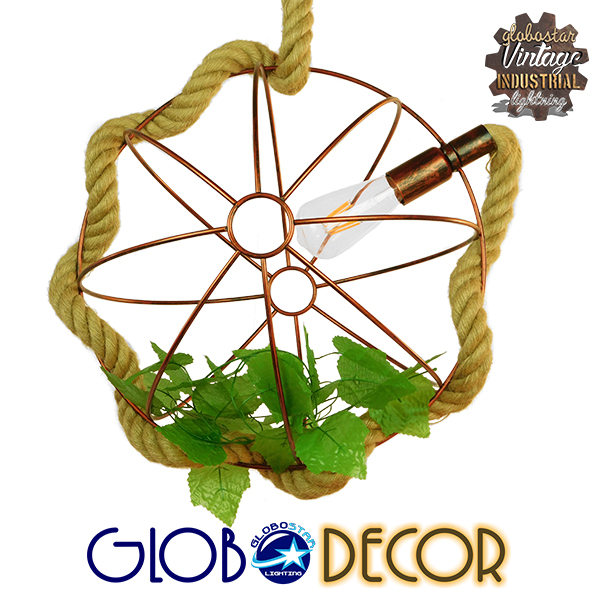 GloboStar® BRADLEY 01661 Vintage Industrial Κρεμαστό Φωτιστικό Οροφής Μονόφωτο 1 x E27 Πλέγμα Καφέ Σκουριά με Μπεζ Σχοινί Φ42 x Υ42cm