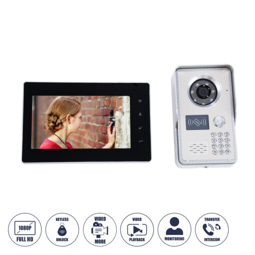 GloboStar® 86061 Σετ Θυροτηλεόρασης με Έγχρωμη Οθόνη Αφής 7″ και Κάμερα 1080P HD & 4 Επαγωγικά Κλειδιά για Ηλεκτρονικές Κλειδαριές – Μαύρο – Ασημί