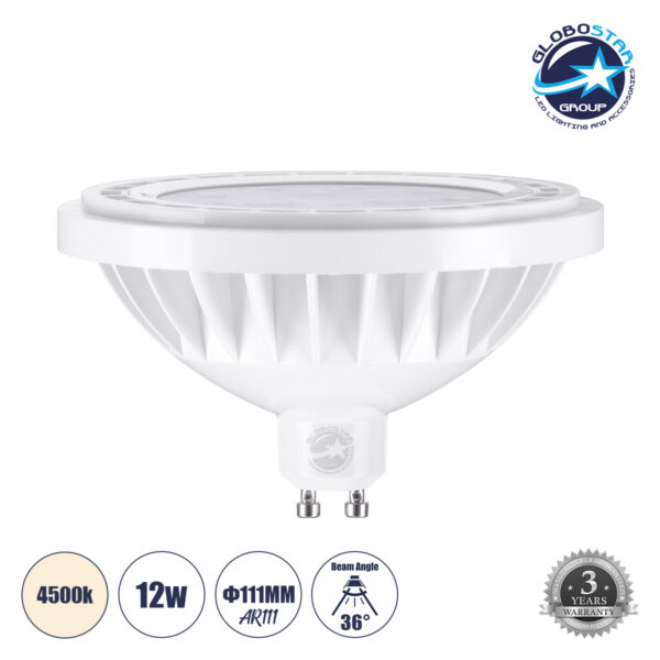 GloboStar® 60124 Σποτ LED GU10 AR111 12W 1356lm 36° AC 220-240V IP20 Φ11 x Υ6.6cm Φυσικό Λευκό 4500K – 3 Years Warranty