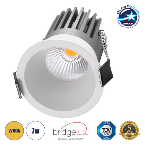 GloboStar® MICRO-B 60243 Χωνευτό LED Spot Downlight TrimLess Φ6cm 7W 875lm 38° AC 220-240V IP20 Φ6 x Υ7.8cm – Στρόγγυλο – Λευκό – Θερμό Λευκό 2700K – Bridgelux COB – 5 Years Warranty