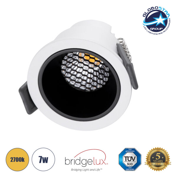 GloboStar® PLUTO-S 60247 Χωνευτό LED Spot Downlight TrimLess Φ6.4cm 7W 875lm 38° AC 220-240V IP20 Φ6.4 x Υ4.9cm – Στρόγγυλο – Λευκό με Μαύρο Κάτοπτρο & Anti-Glare HoneyComb – Θερμό Λευκό 2700K – Bridgelux COB – 5 Years Warranty