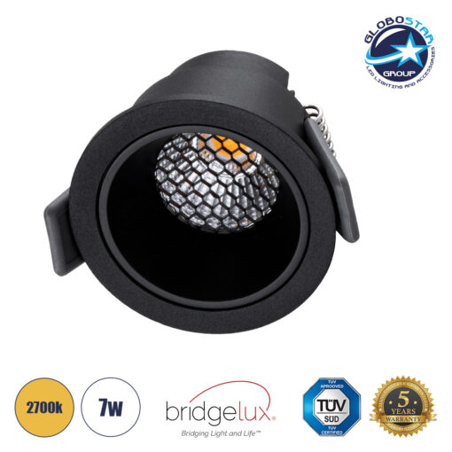 GloboStar® PLUTO-S 60251 Χωνευτό LED Spot Downlight TrimLess Φ6.4cm 7W 875lm 38° AC 220-240V IP20 Φ6.4 x Υ4.9cm – Στρόγγυλο – Μαύρο & Anti-Glare HoneyComb – Θερμό Λευκό 2700K – Bridgelux COB – 5 Years Warranty