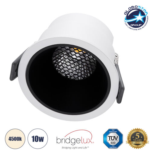 GloboStar® PLUTO-M 60252 Χωνευτό LED Spot Downlight TrimLess Φ8.4cm 10W 1300lm 38° AC 220-240V IP20 Φ8.4 x Υ5.9cm – Στρόγγυλο – Λευκό με Μαύρο Κάτοπτρο & Anti-Glare HoneyComb – Φυσικό Λευκό 4500K – Bridgelux COB – 5 Years Warranty