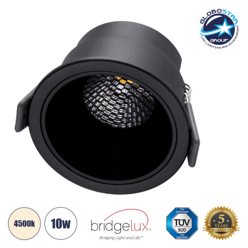 GloboStar® PLUTO-M 60256 Χωνευτό LED Spot Downlight TrimLess Φ8.4cm 10W 1300lm 38° AC 220-240V IP20 Φ8.4 x Υ5.9cm – Στρόγγυλο – Μαύρο & Anti-Glare HoneyComb – Φυσικό Λευκό 4500K – Bridgelux COB – 5 Years Warranty