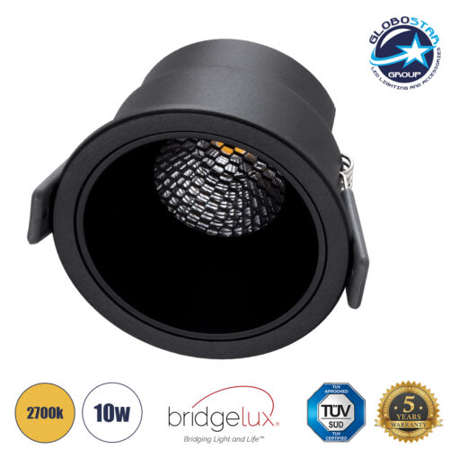 GloboStar® PLUTO-M 60257 Χωνευτό LED Spot Downlight TrimLess Φ8.4cm 10W 1250lm 38° AC 220-240V IP20 Φ8.4 x Υ5.9cm – Στρόγγυλο – Μαύρο & Anti-Glare HoneyComb – Θερμό Λευκό 2700K – Bridgelux COB – 5 Years Warranty