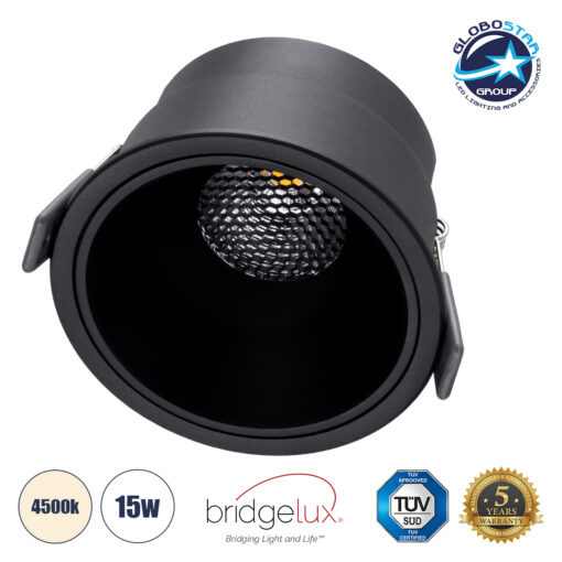 GloboStar® PLUTO-B 60262 Χωνευτό LED Spot Downlight TrimLess Φ10.4cm 15W 1950lm 38° AC 220-240V IP20 Φ10.4 x Υ6.5cm – Στρόγγυλο – Μαύρο & Anti-Glare HoneyComb – Φυσικό Λευκό 4500K – Bridgelux COB – 5 Years Warranty