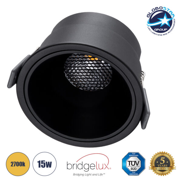 GloboStar® PLUTO-B 60263 Χωνευτό LED Spot Downlight TrimLess Φ10.4cm 15W 1875lm 38° AC 220-240V IP20 Φ10.4 x Υ6.5cm – Στρόγγυλο – Μαύρο & Anti-Glare HoneyComb – Θερμό Λευκό 2700K – Bridgelux COB – 5 Years Warranty