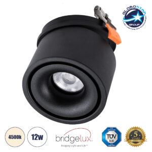 GloboStar® OMEGA-R 60296 Χωνευτό LED Spot Downlight TrimLess Φ10cm 12W 1560lm 36° AC 220-240V IP20 Φ10 x Υ8.2cm – Στρόγγυλο – Μαύρο – Φυσικό Λευκό 4500K – Bridgelux COB – 5 Years Warranty