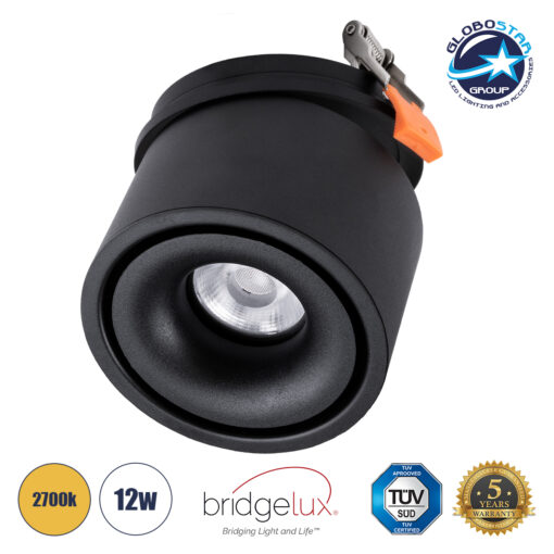 GloboStar® OMEGA-R 60297 Χωνευτό LED Spot Downlight TrimLess Φ10cm 12W 1500lm 36° AC 220-240V IP20 Φ10 x Υ8.2cm – Στρόγγυλο – Μαύρο – Θερμό Λευκό 2700K – Bridgelux COB – 5 Years Warranty