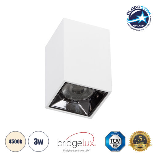 GloboStar® LUMINAR SUPERIOR 60322 Επιφανειακό LED Spot Downlight TrimLess 3W 420lm 36° AC 220-240V IP20 Μ4.2 x Π4.2 x Υ6.6cm – Λευκό με Κάτοπτρο Χρωμίου – Φυσικό Λευκό 4500K – Bridgelux High Lumen Chip Gen2 – TÜV Certified Driver – 5 Years Warranty