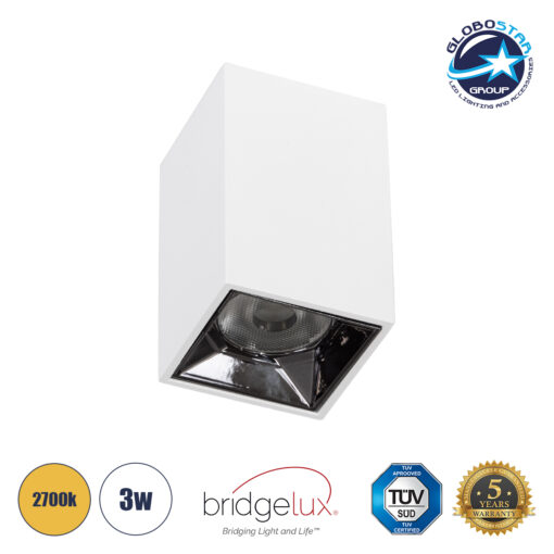 GloboStar® LUMINAR SUPERIOR 60323 Επιφανειακό LED Spot Downlight TrimLess 3W 405lm 36° AC 220-240V IP20 Μ4.2 x Π4.2 x Υ6.6cm – Λευκό με Κάτοπτρο Χρωμίου – Θερμό Λευκό 2700K – Bridgelux High Lumen Chip Gen2 – TÜV Certified Driver – 5 Years Warranty