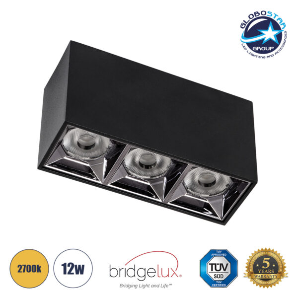 GloboStar® LUMINAR SUPERIOR 60325 Επιφανειακό LED Spot Downlight TrimLess 12W 1620lm 36° AC 220-240V IP20 Μ11.8 x Π4.2 x Υ6.6cm – Μαύρο με Κάτοπτρο Χρωμίου – Θερμό Λευκό 2700K – Bridgelux High Lumen Chip Gen2 – TÜV Certified Driver – 5 Years Warranty