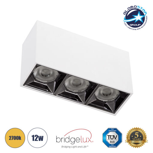 GloboStar® LUMINAR SUPERIOR 60327 Επιφανειακό LED Spot Downlight TrimLess 12W 1620lm 36° AC 220-240V IP20 Μ11.8 x Π4.2 x Υ6.6cm – Λευκό με Κάτοπτρο Χρωμίου – Θερμό Λευκό 2700K – Bridgelux High Lumen Chip Gen2 – TÜV Certified Driver – 5 Years Warranty