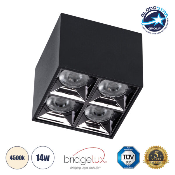 GloboStar® LUMINAR SUPERIOR 60332 Επιφανειακό LED Spot Downlight TrimLess 14W 1960lm 36° AC 220-240V IP20 Μ8.2 x Π8.2 x Υ6.6cm – Μαύρο με Κάτοπτρο Χρωμίου – Φυσικό Λευκό 4500K – Bridgelux High Lumen Chip Gen2 – TÜV Certified Driver – 5 Years Warranty