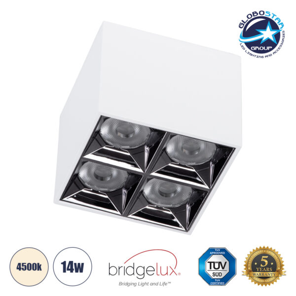 GloboStar® LUMINAR SUPERIOR 60334 Επιφανειακό LED Spot Downlight TrimLess 14W 1960lm 36° AC 220-240V IP20 Μ8.2 x Π8.2 x Υ6.6cm – Λευκό με Κάτοπτρο Χρωμίου – Φυσικό Λευκό 4500K – Bridgelux High Lumen Chip Gen2 – TÜV Certified Driver – 5 Years Warranty