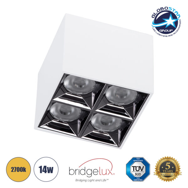 GloboStar® LUMINAR SUPERIOR 60335 Επιφανειακό LED Spot Downlight TrimLess 14W 1890lm 36° AC 220-240V IP20 Μ8.2 x Π8.2 x Υ6.6cm – Λευκό με Κάτοπτρο Χρωμίου – Θερμό Λευκό 2700K – Bridgelux High Lumen Chip Gen2 – TÜV Certified Driver – 5 Years Warranty