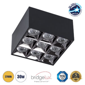 GloboStar® LUMINAR SUPERIOR 60337 Επιφανειακό LED Spot Downlight TrimLess 30W 4050lm 36° AC 220-240V IP20 Μ12 x Π12 x Υ6.6cm – Μαύρο με Κάτοπτρο Χρωμίου – Θερμό Λευκό 2700K – Bridgelux High Lumen Chip Gen2 – TÜV Certified Driver – 5 Years Warranty