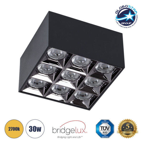 GloboStar® LUMINAR SUPERIOR 60337 Επιφανειακό LED Spot Downlight TrimLess 30W 4050lm 36° AC 220-240V IP20 Μ12 x Π12 x Υ6.6cm – Μαύρο με Κάτοπτρο Χρωμίου – Θερμό Λευκό 2700K – Bridgelux High Lumen Chip Gen2 – TÜV Certified Driver – 5 Years Warranty