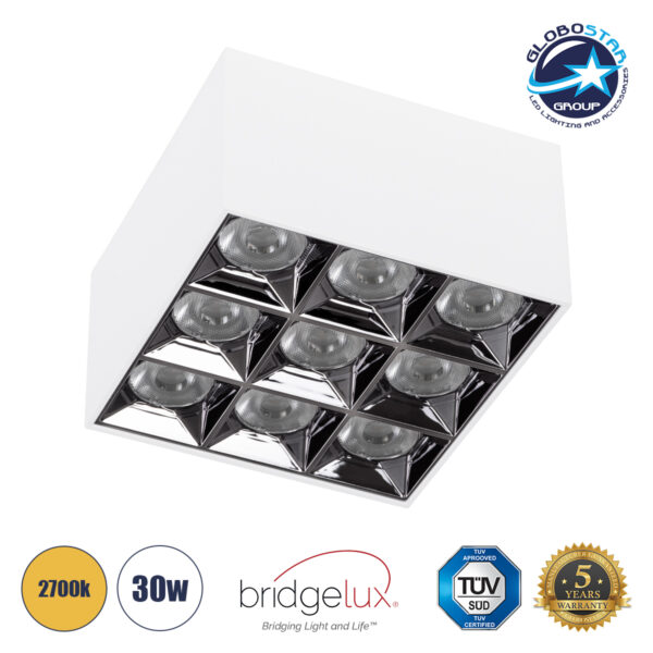 GloboStar® LUMINAR SUPERIOR 60339 Επιφανειακό LED Spot Downlight TrimLess 30W 4050lm 36° AC 220-240V IP20 Μ12 x Π12 x Υ6.6cm – Λευκό με Κάτοπτρο Χρωμίου – Θερμό Λευκό 2700K – Bridgelux High Lumen Chip Gen2 – TÜV Certified Driver – 5 Years Warranty