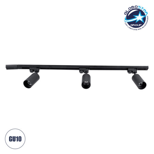 GloboStar® LEO 60355 Μοντέρνο Φωτιστικό Οροφής Ράγα με Κινούμενα Σποτ Αλουμινίου Τρίφωτο 3 x GU10 AC 220-240V IP20 Μ100 x Π6 x Υ20cm – 2 Γραμμών – Μαύρο – 5 Years Warranty