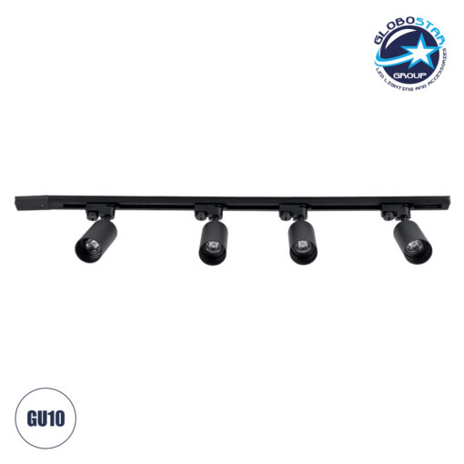 GloboStar® LEO 60356 Μοντέρνο Φωτιστικό Οροφής Ράγα με Κινούμενα Σποτ Αλουμινίου Τετράφωτο 4 x GU10 AC 220-240V IP20 Μ100 x Π6 x Υ20cm – 2 Γραμμών – Μαύρο – 5 Years Warranty
