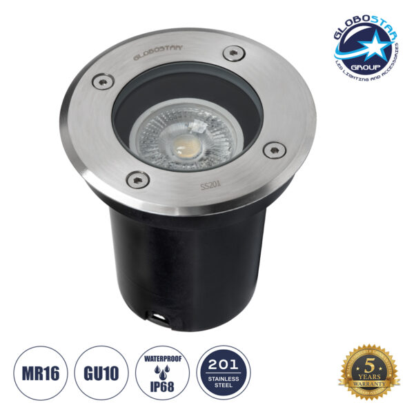 GloboStar® GIGO 60361 Χωνευτό Στρόγγυλο Σποτ Δαπέδου για Λάμπα MR16 με Ντουί GU10 – Αδιάβροχο IP68 – IK09 – Ανοξείδωτο Ατσάλι / Stainless Steel 201 – Tempered Glass – Φ11 x Υ11.5cm – Nickel Ματ – 5 Years Warranty