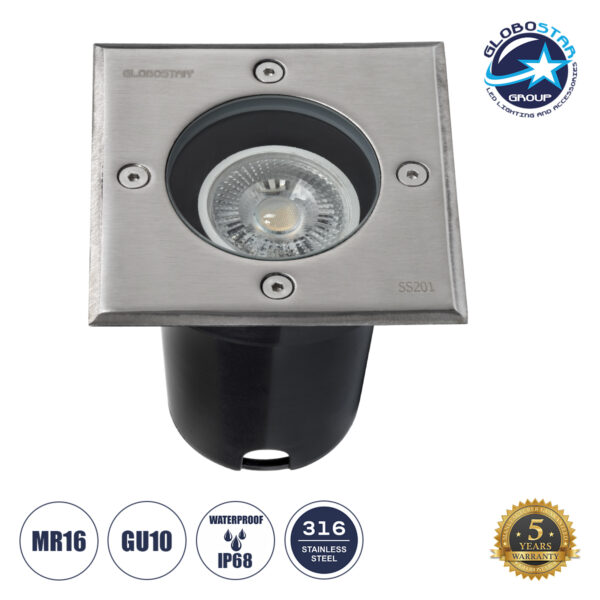 GloboStar® GIGO 60362 Χωνευτό Τετράγωνο Σποτ Δαπέδου για Λάμπα MR16 με Ντουί GU10 – Αδιάβροχο IP68 – IK09 – Ανοξείδωτο Ατσάλι / Stainless Steel 201 – Tempered Glass – Μ11 x Π11 x Υ11.5cm – Nickel Ματ – 5 Years Warranty