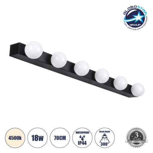 GloboStar® BELLA 60452 Μοντέρνο Φωτιστικό Τοίχου – Απλίκα Καθρέπτη Μπάνιου – Πίνακα LED 18W 2052lm 300° AC 220-240V IP44 Μ70 x Π11 x Υ6cm – Φυσικό Λευκό 4500K – Μαύρο – 3 Years Warranty