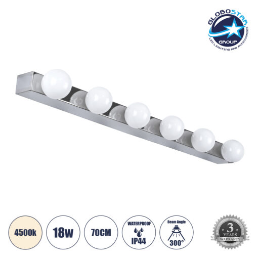 GloboStar® BELLA 60453 Μοντέρνο Φωτιστικό Τοίχου – Απλίκα Καθρέπτη Μπάνιου – Πίνακα LED 18W 2052lm 300° AC 220-240V IP44 Μ70 x Π11 x Υ6cm – Φυσικό Λευκό 4500K – Χρώμιο Νίκελ – 3 Years Warranty
